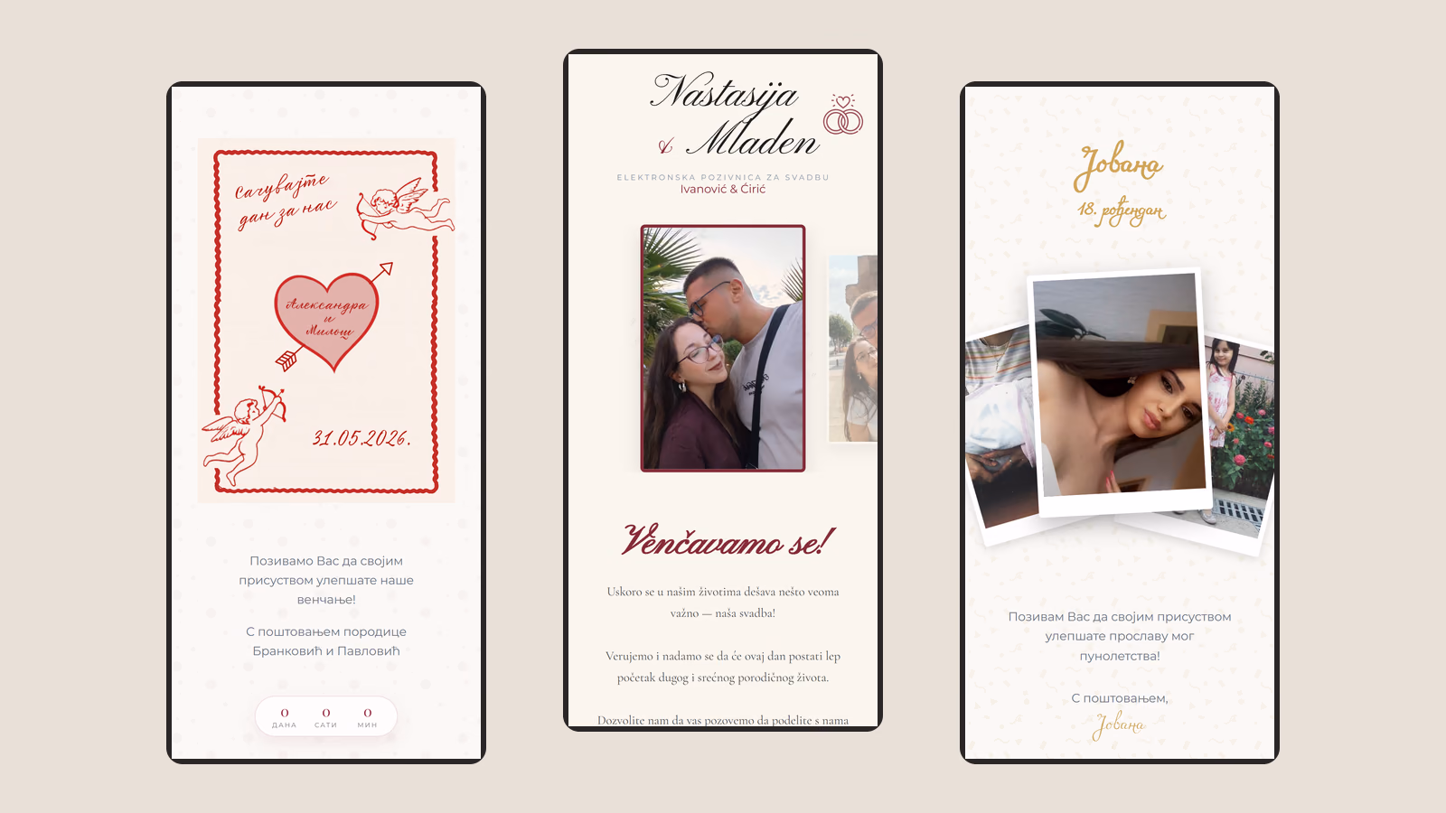 Tri digitalne pozivnice: Aleksandra i Miloš, Nastasija i Mladen i Jovanin 18. rođendan